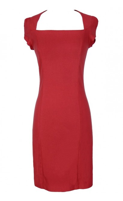 Square Neck Modest Pencil Dress in Red